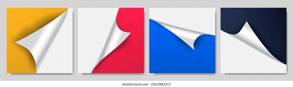 Vector illustration. Realistic curled paper corner set with bright color backgrounds. Folded glossy page elements with shadows for web banners, posters, flyers, brochures, and modern design layout