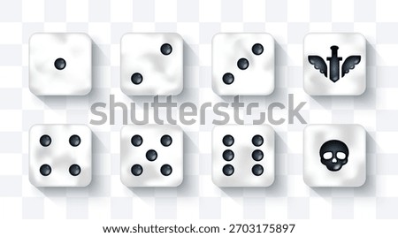 Vector illustration of realistic D6 dice showing all sides. 3d six-sided cubes with numbered faces. Perfect for board games, casino, gaming projects. Custom sword, skull side. White pearl marble color