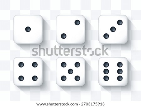 Vector illustration of realistic D6 dice showing all sides. 3d six-sided cubes with numbered faces. Perfect for board games, casino, gaming, and educational projects.