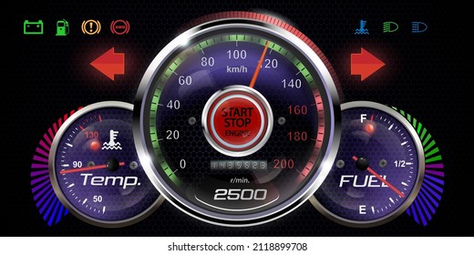 Vector illustration of a realistic dashboard. The concept of speed. Car display with operation indicators.