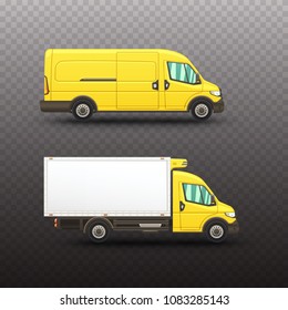 Vector illustration of realistic delivery vehicles on a semi-transparent background.