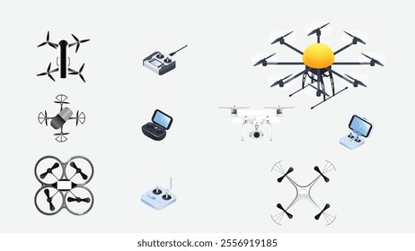 Vector illustration realistic different model and colorful, remote control, location, sensors  beautiful drones set with white background.