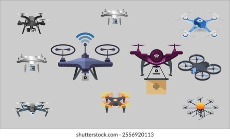 Vector illustration realistic different model and colorful beautiful drones set with white background.