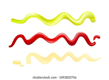Vector illustration of realistic different sauces for food on white background. Wasabi, mayonnaise and ketchup.
