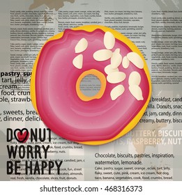 Vector illustration of realistic donut icon. Strawberry color glazed doughnut with almond crumb on the newspaper background.