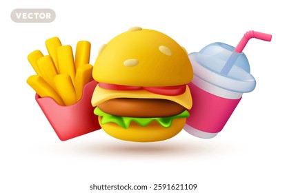 Vector illustration of realistic , drink cola and glazed donut with sprinkles on color background. 3d style design of popcorn bucket, take away coffee cup and donut with glaze. Sweet cinema food