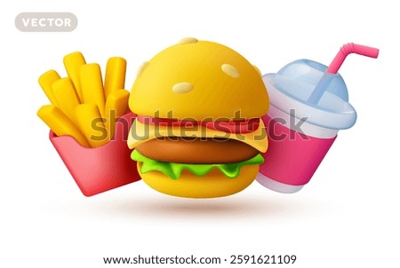 Vector illustration of realistic , drink cola and glazed donut with sprinkles on color background. 3d style design of popcorn bucket, take away coffee cup and donut with glaze. Sweet cinema food