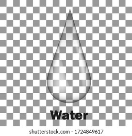 
Vector illustration of a realistic drop of water with the inscription below, on a checkered background