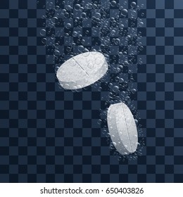 Vector illustration. Realistic effervescent soluble tablets in water with clear air bubbles. Pills. Background for medical posters, banners.