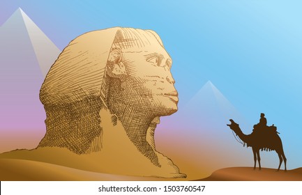  Vector illustration of Realistic Egypt sphinx with pyramids on background and camel rider silhouette. Famous African landmark, historical place in Giza.Ancien architecture in sand dunes. 