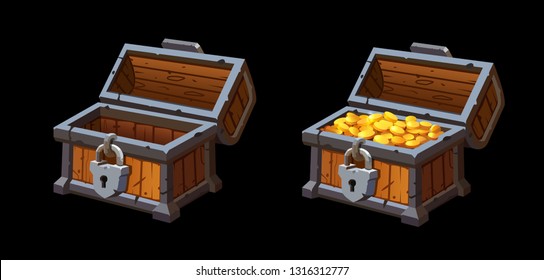 Vector illustration of realistic empty chest and chest with gold.