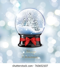 Vector illustration realistic empty christmas snow globebeautiful Christmas trees with snow, on blurred blue background with bokeh.