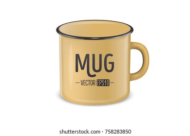 Vector illustration of realistic enamel metal brown mug isolated on white background. Design template for Mock up