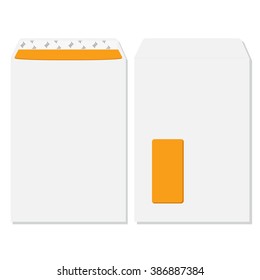 Vector illustration realistic envelope with transparent window, front and back view. Blank mockups