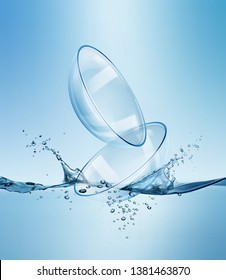 Vector illustration of realistic eye contact lensess in splashing water. Ads template isolated on blue background