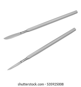 Vector illustration of realistic eye scalpels isolated on white background. Medical instruments.