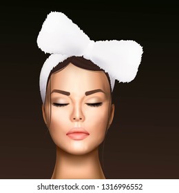 vector illustration of a realistic face of a young beautiful girl with a cosmetic bandage on her hair.