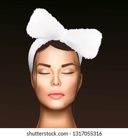 vector illustration of a realistic face of a young beautiful girl with a cosmetic bandage on her hair.
