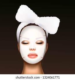 vector illustration of a realistic face of a young beautiful girl with a cosmetic bandage on her hair and moisturizing facial mask against the black dots.