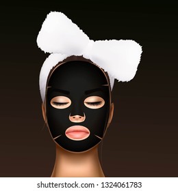 vector illustration of a realistic face of a young beautiful girl with a cosmetic bandage on her hair and moisturizing facial mask, black against the dots.