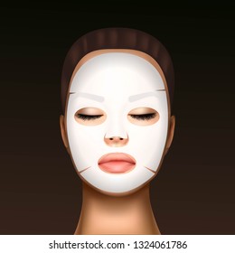 vector illustration of a realistic face of a young beautiful girl with a cosmetic moisturizing facial mask against the black dots.