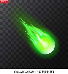 Vector illustration of realistic falling comet. Isolated transparent background. Shooting star, meteor. Meteorite with a tail