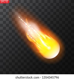 Vector illustration of realistic falling comet. Isolated transparent background. Shooting star, meteor. Meteorite with a tail