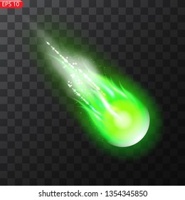 Vector illustration of realistic falling comet. Isolated transparent background. Shooting star, meteor. Meteorite with a tail