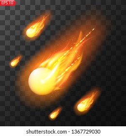 Vector illustration of realistic falling comet. Isolated transparent background. Shooting star, meteor. Meteorite with a tail