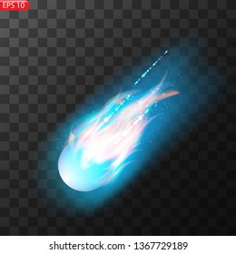 Vector illustration of realistic falling comet. Isolated transparent background. Shooting star, meteor. Meteorite with a tail