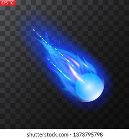 Vector illustration of realistic falling comet. Isolated transparent background. Shooting star, meteor. Meteorite with a tail