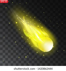 Vector illustration of realistic falling comet. Isolated transparent background. Shooting star, meteor. Meteorite with a tail