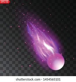 Vector illustration of realistic falling comet. Isolated transparent background. Shooting star, meteor. Meteorite with a tail