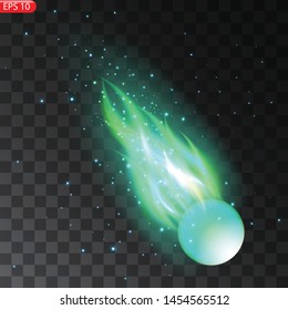 Vector illustration of realistic falling comet. Isolated transparent background. Shooting star, meteor. Meteorite with a tail
