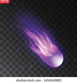 Vector illustration of realistic falling comet. Isolated transparent background. Shooting star, meteor. Meteorite with a tail