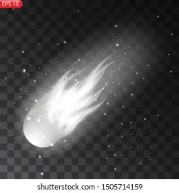 Vector illustration of realistic falling comet. Isolated transparent background. Shooting star, meteor. Meteorite with a tail