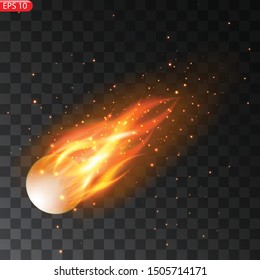 Vector illustration of realistic falling comet. Isolated transparent background. Shooting star, meteor. Meteorite with a tail