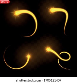 Vector illustration of realistic falling comet. Isolated transparent background. Shooting star, meteor. Meteorite with a tail