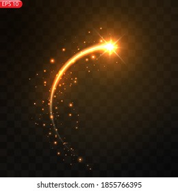 Vector illustration of realistic falling comet. Isolated transparent background. Shooting star, meteor. Meteorite with a tail