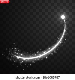 Vector illustration of realistic falling comet. Isolated transparent background. Shooting star, meteor. Meteorite with a tail