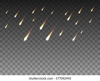 Vector illustration of realistic falling meteor rain. Isolated transparent background. Meteorite shower, hail. Elements for design.