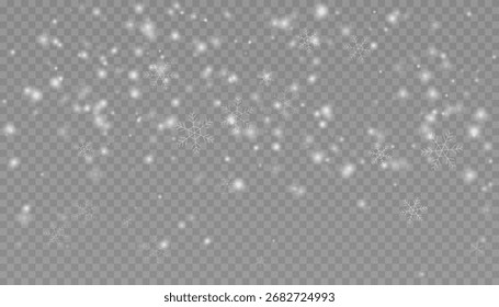 Ilustración vectorial realista de nieve caída con copos de nieve detallados. Efecto de superposición de Navidades de invierno aislado en un fondo transparente para diseños de vacaciones.