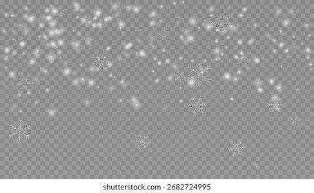Vector illustration of realistic falling snow with detailed snowflakes. Winter Christmas overlay effect isolated on a transparent background for holiday designs.