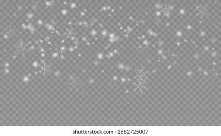 Vector illustration of realistic falling snow with detailed snowflakes. Winter Christmas overlay effect isolated on a transparent background for holiday designs.