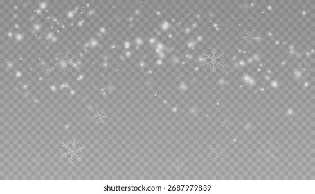 Vektorgrafik von realistisch fallendem Schnee mit detaillierten Schneeflocken. Winterweihnachten-Overlay-Effekt einzeln auf transparentem Hintergrund für Urlaubsdesigns.