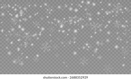 Ilustração vetorial de queda de neve realista com flocos de neve detalhados. efeito de sobreposição de Natal de inverno isolado em um fundo transparente para projetos de férias.