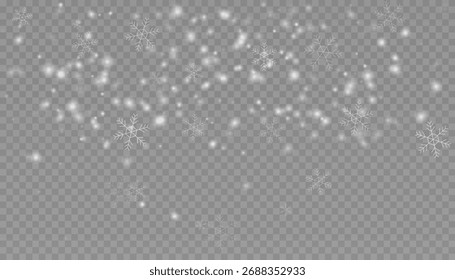 Vector illustration of realistic falling snow with detailed snowflakes. Winter Christmas overlay effect isolated on a transparent background for holiday designs.