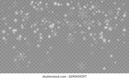 Ilustración vectorial realista de nieve caída con copos de nieve detallados. Efecto de superposición de Navidades de invierno aislado en un fondo transparente para diseños de vacaciones.