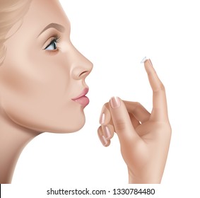 Vector illustration of realistic female face side view and contacts for vision in hand, woman applying contact lenses concept isolated on white background