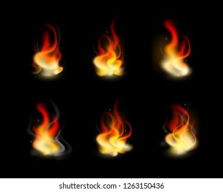 Vector Illustration. Realistic fire. Isolated flame on black background. Flame burn icon set